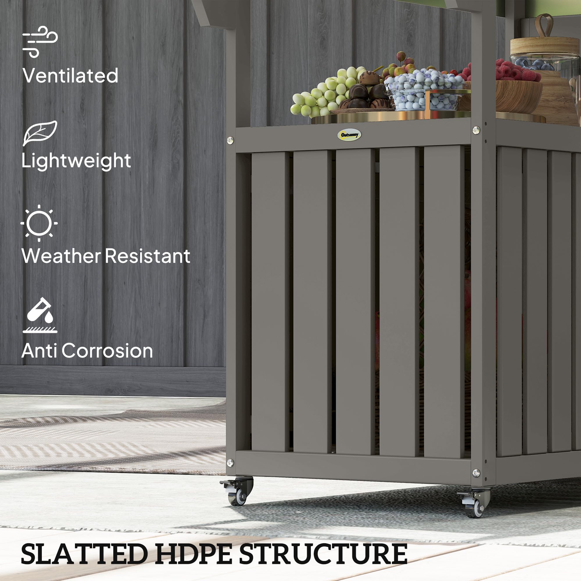 Outdoor Bar Cart with Storage Cabinet and Stainless Steel Top