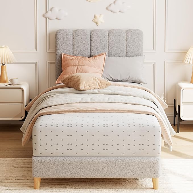 Twin Boucle Upholstered Platform Bed with Wave Headboard