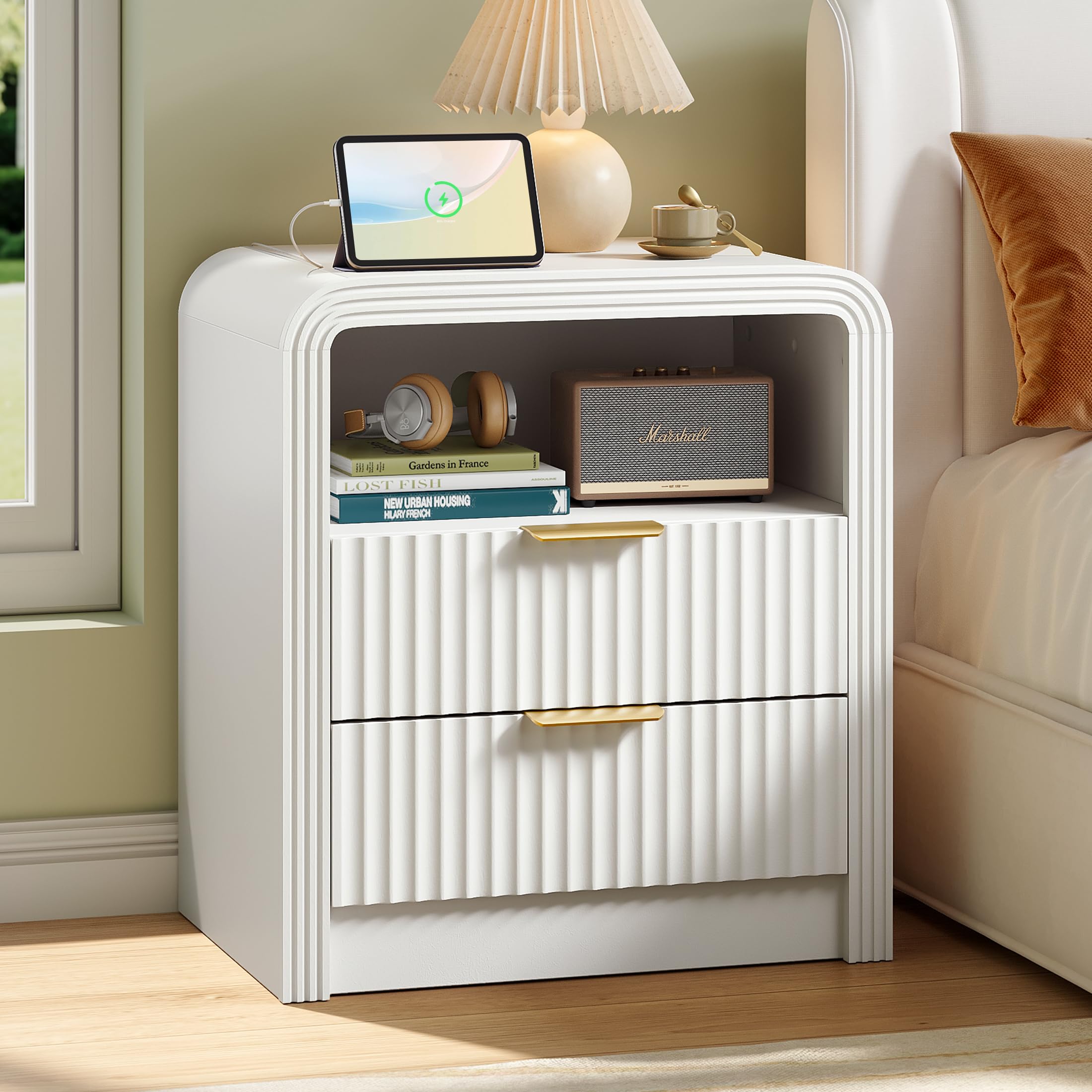 Fluted Nightstand with Charging Station