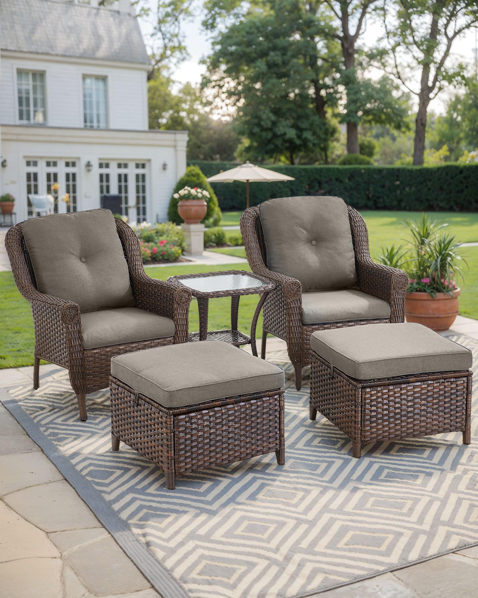 Outdoor Wicker Ottoman Side Table - 2 Piece Set