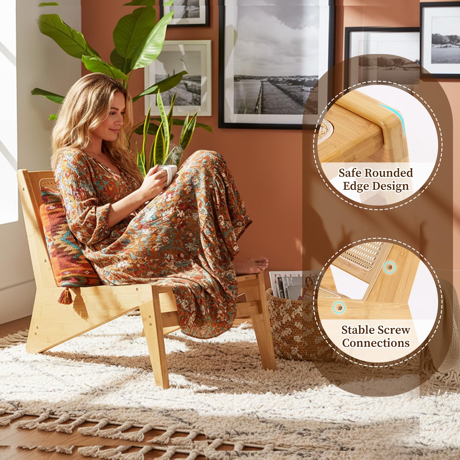 Rattan Accent Chair Set of 2 - Mid Century Modern Reading Chair