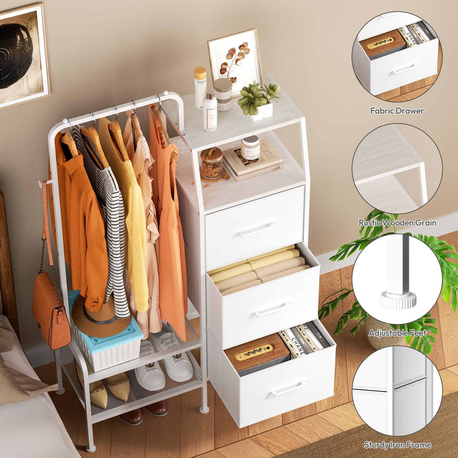 Dresser with Hanging Rack and 3 Fabric Drawers