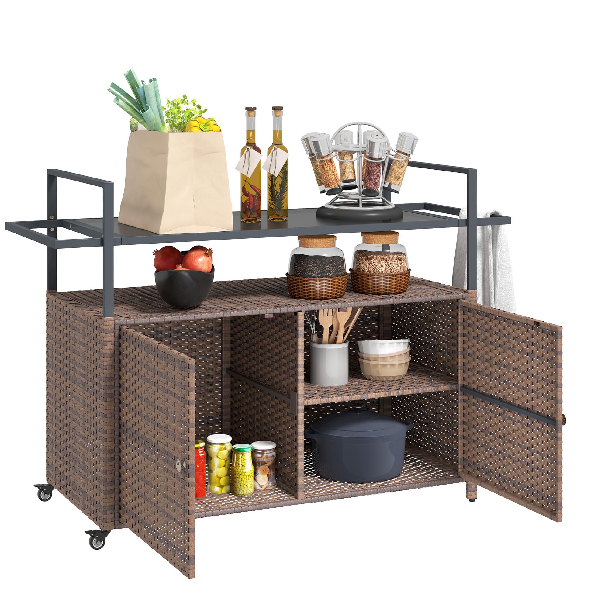 PE Rattan Outdoor Storage Cabinet with Wheels & Glass Top