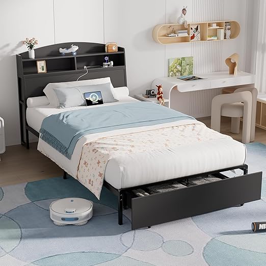 Twin Bed Frame with Storage and Charging Station
