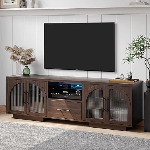 70" TV Stand with LED Lights and Arched Glass Doors