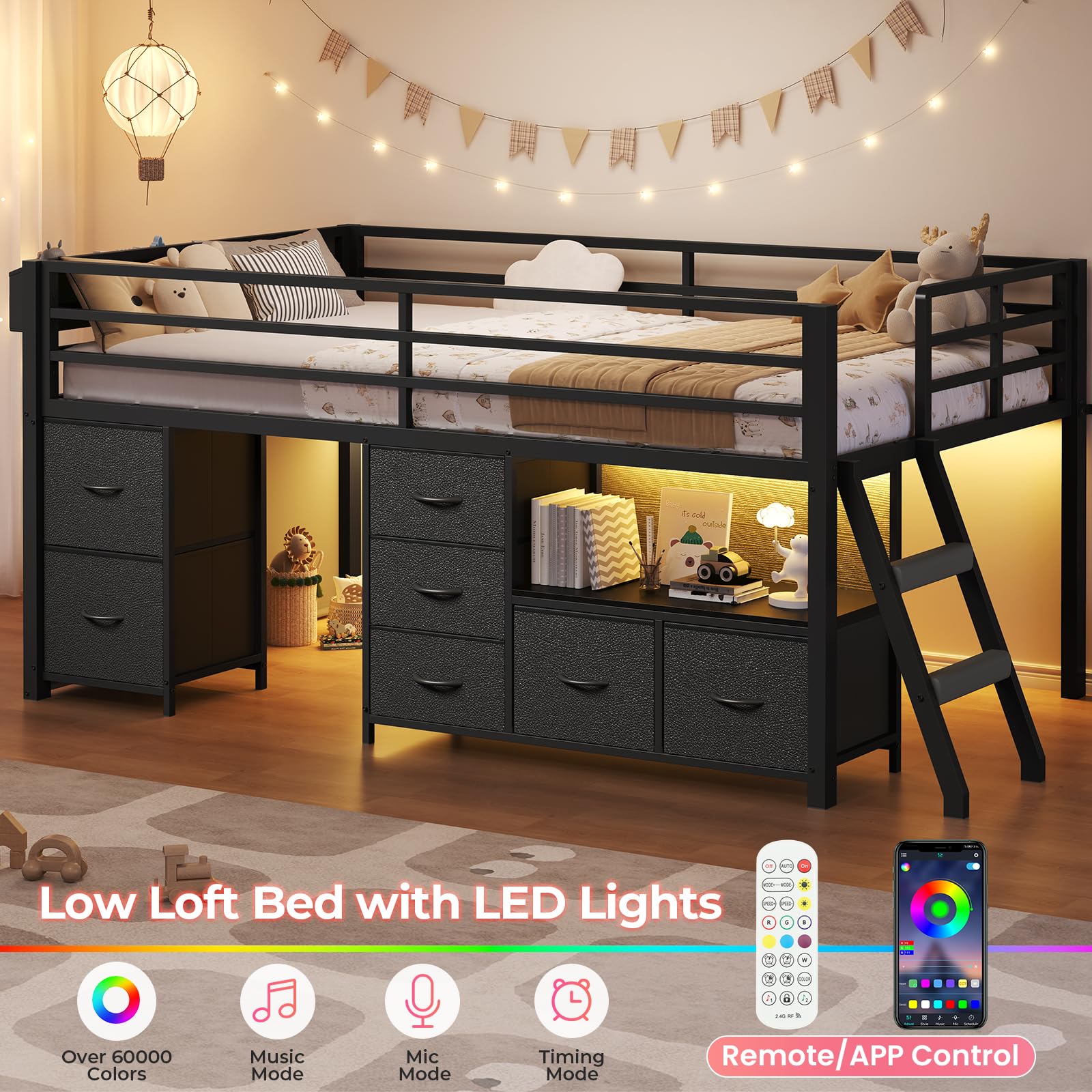 ADORNEVE Low Loft Bed Twin Size with 7 Storage Drawers, Bookcase and LED Lights, Metal Kids Loft Bed with 14" H Safety Guardrail,Inclined Ladder and Play Curtain, Under-Bed Play Space, Black