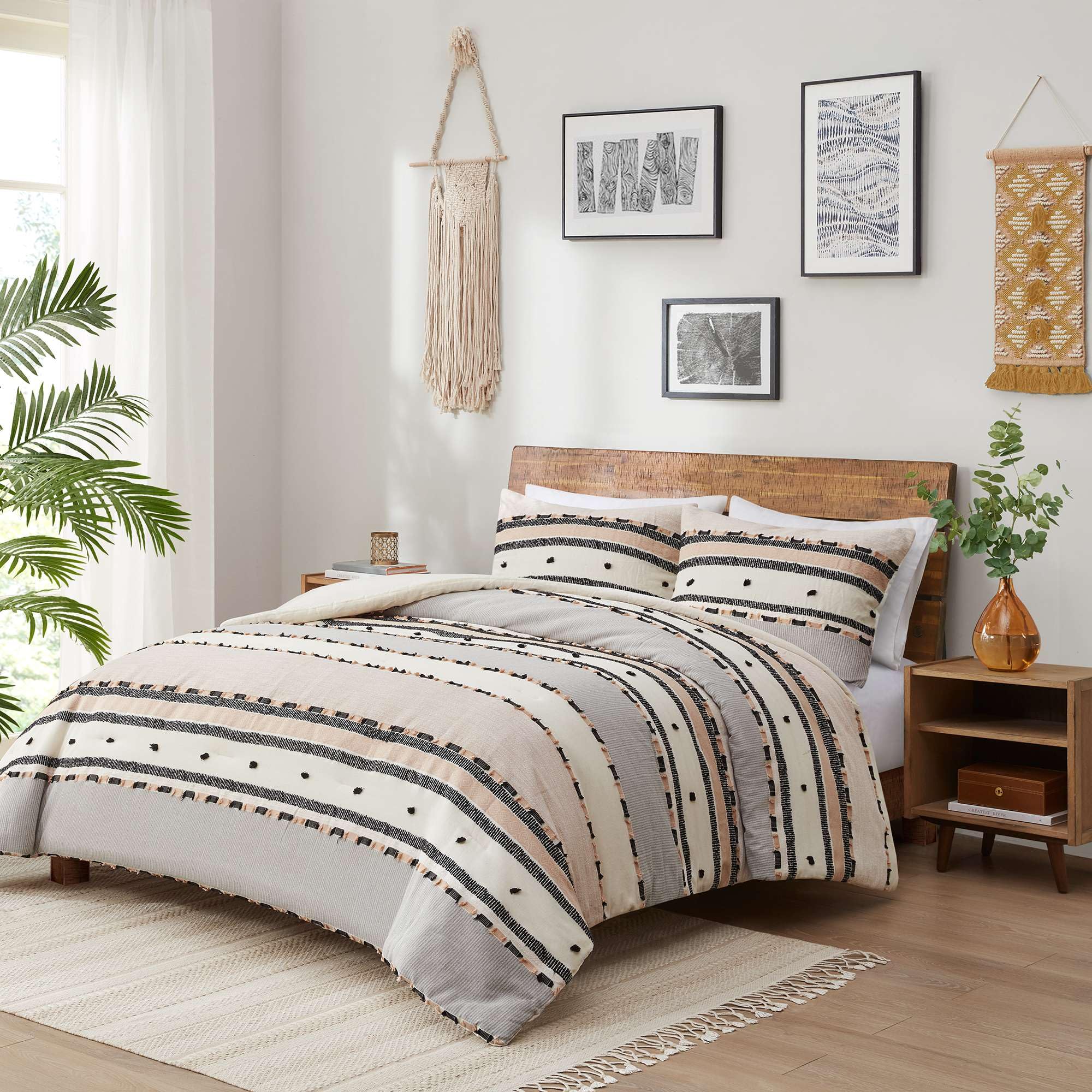 Boho Queen Comforter Set with Cotton Top and Tufted Jacquard Stripes