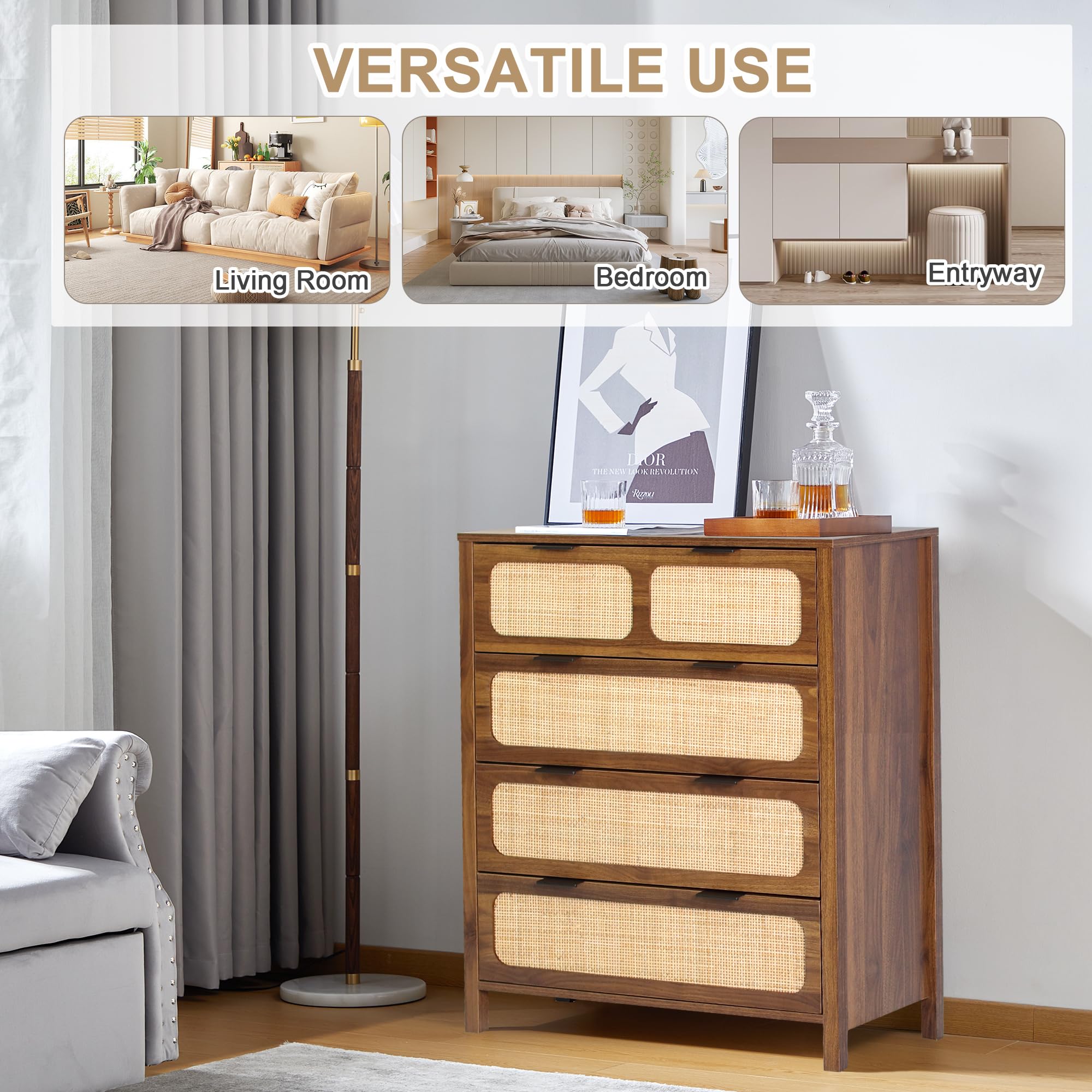 4 Drawer Rattan Dresser with Metal Handles