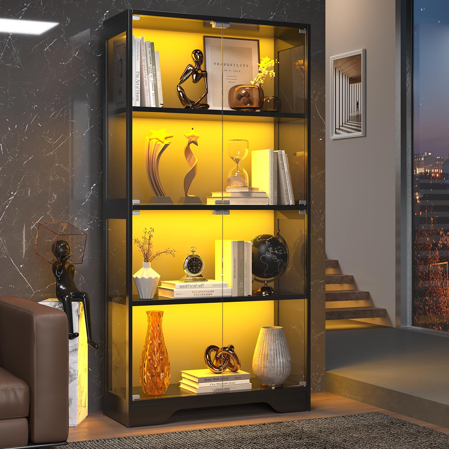 63" Glass Display Cabinet with Human Sensor RGB LED & 4-Tier Wood Shelves