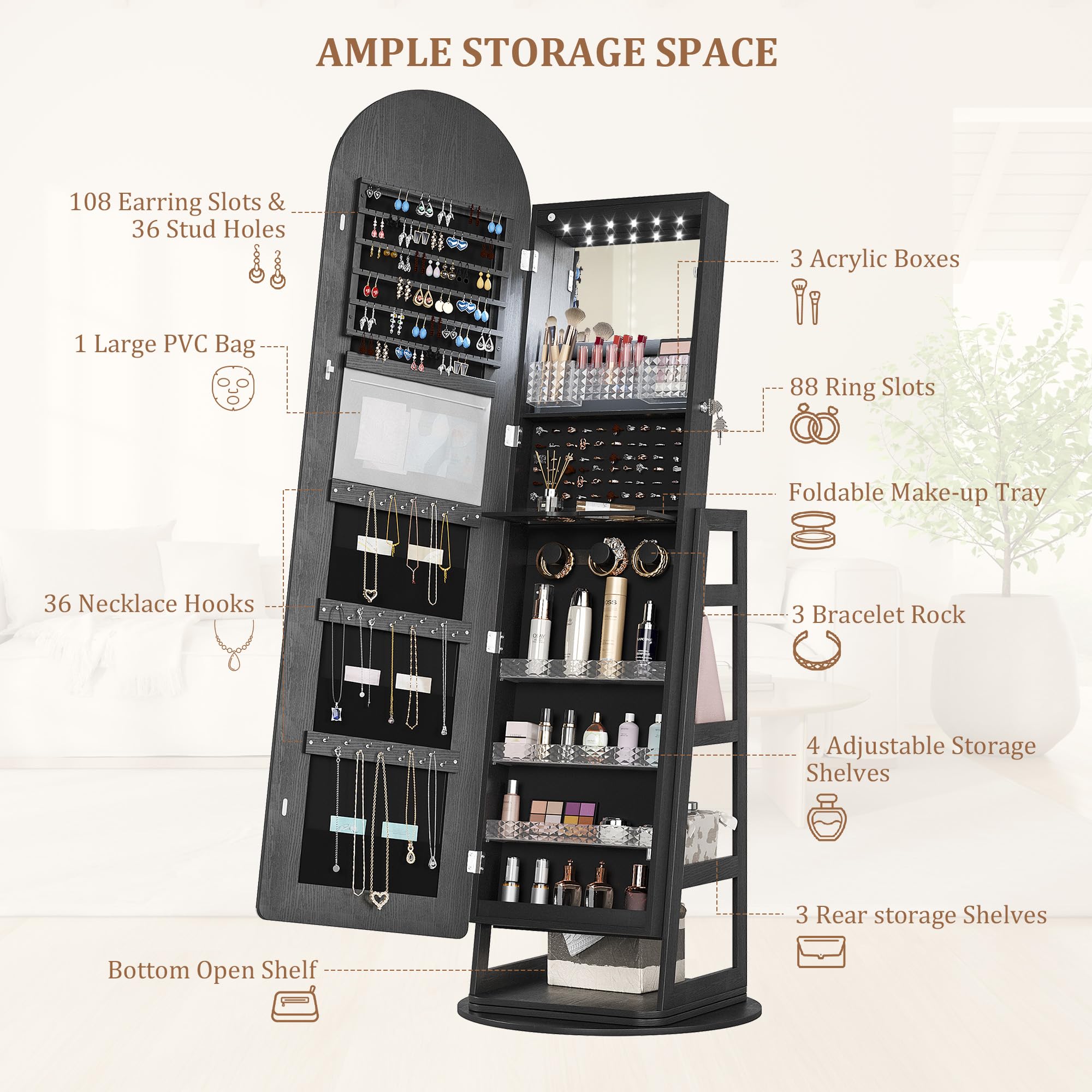 LED Mirror Jewelry Cabinet with Lockable Storage