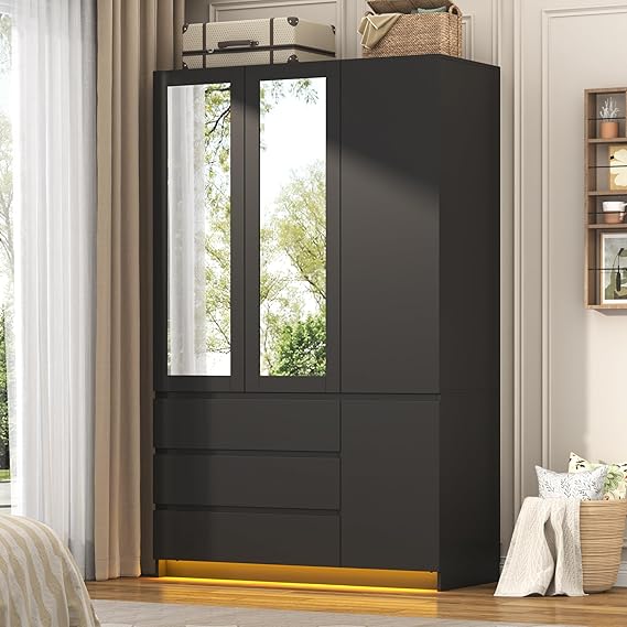 3-Door Armoire Wardrobe with Mirror and LED Lights