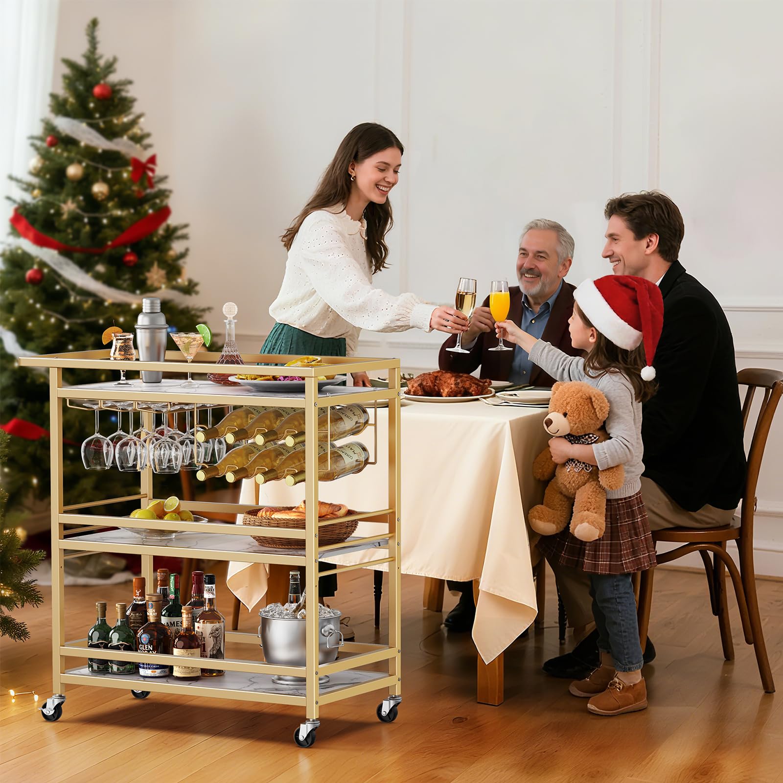 3 Tier Gold Serving Rolling Cart with Wheels
