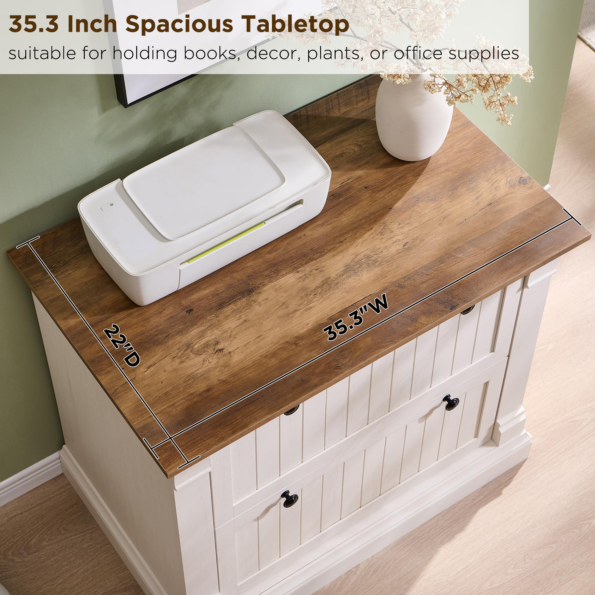 OKD Farmhouse File Cabinet with 2 Drawers, 35.3" Lateral Filing Cabinet with Hanging File Folders, Interlocking Drawers, Wood Rustic Storage Cabinet for Home Office, Living Room, Antique White