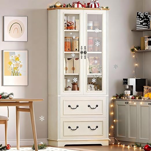 72" Tall Kitchen Pantry Cabinet with Glass Doors