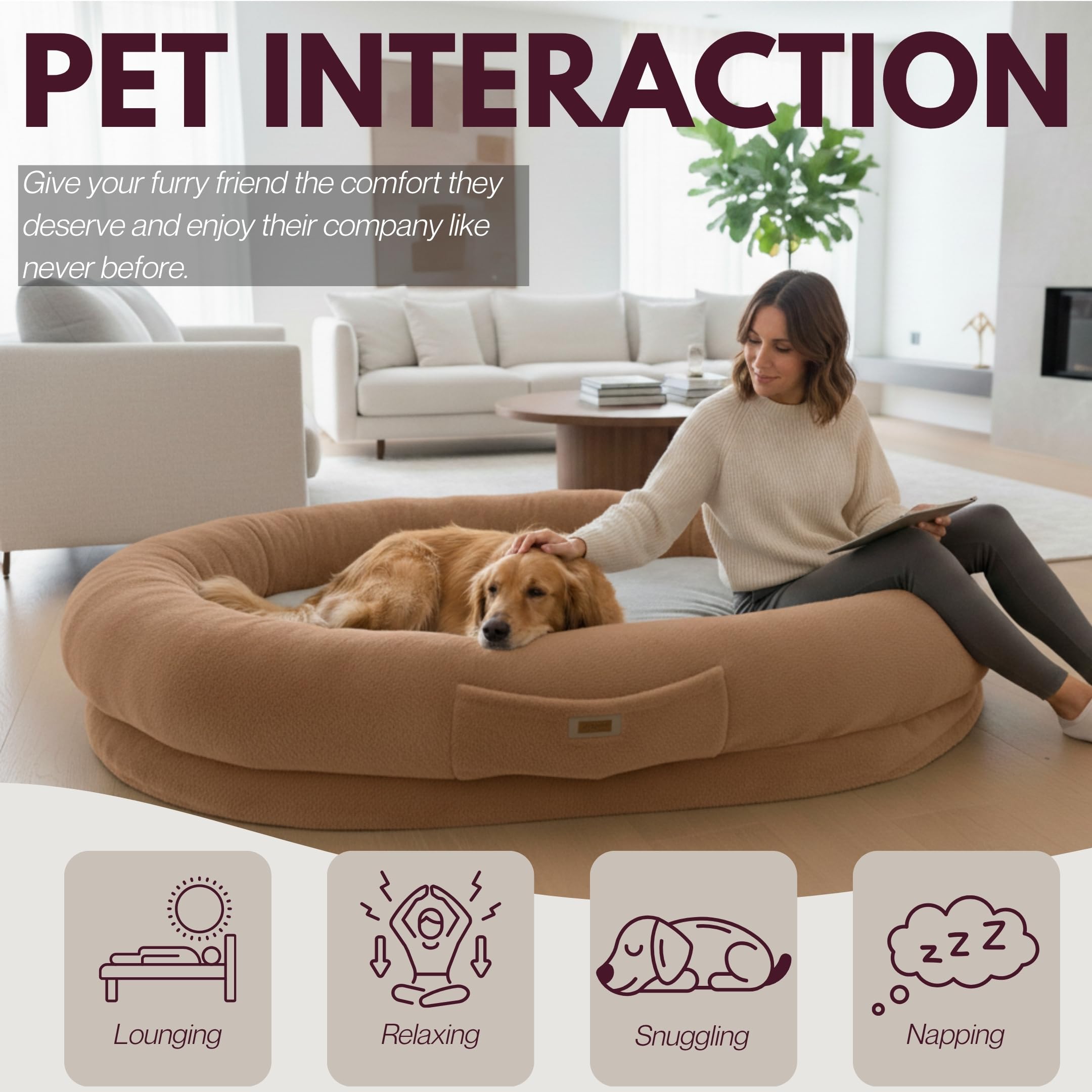 Oversized Human Dog Bed with Plush Fabric and Egg Crate Foam
