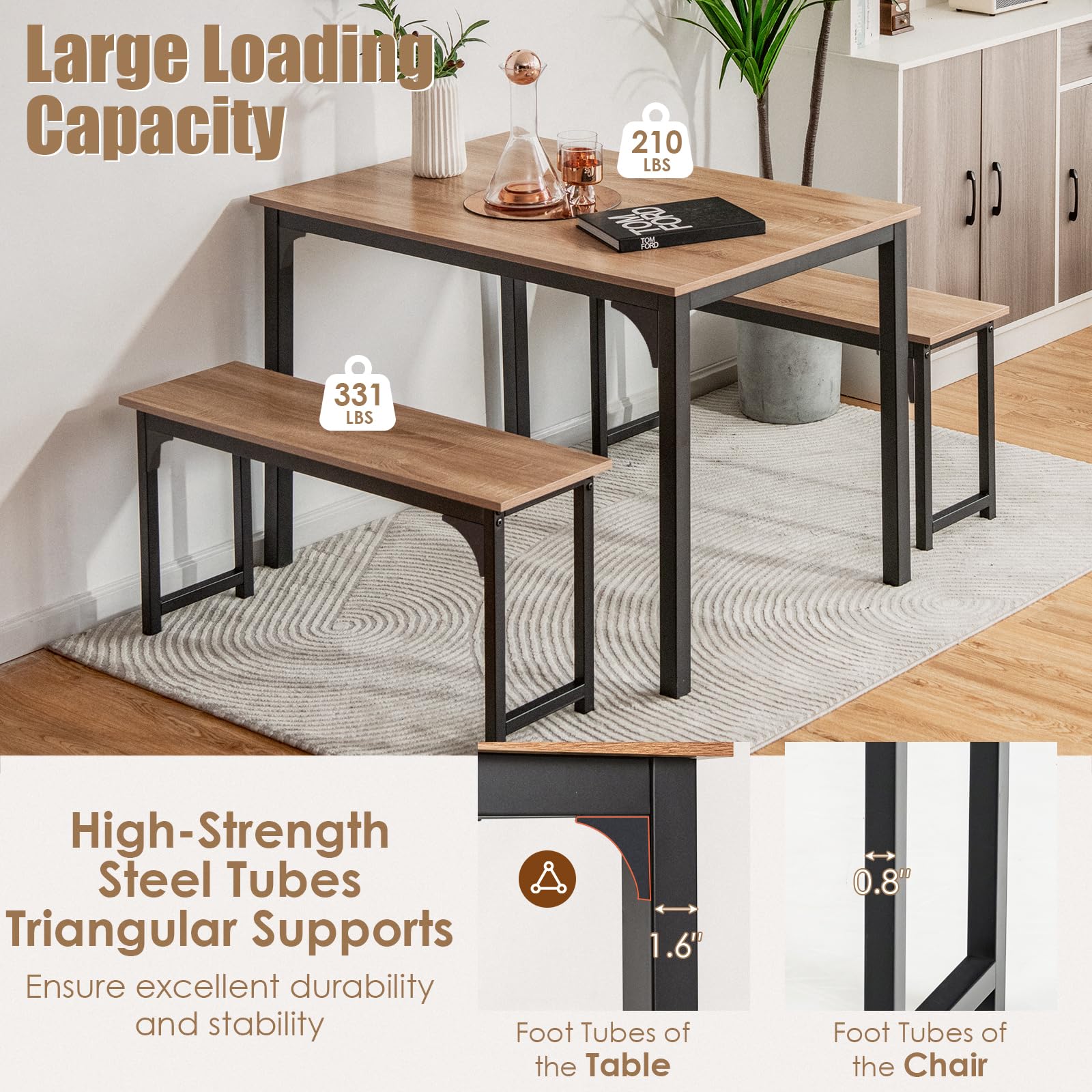 NAFORT 3-Piece Modern Dining Table Set for 4, 43.5" x 27.5" x 29.5", Black, Space-Saving with Under-Bench Storage, MDF Wood & Metal Frame, Ideal for Home & Restaurant