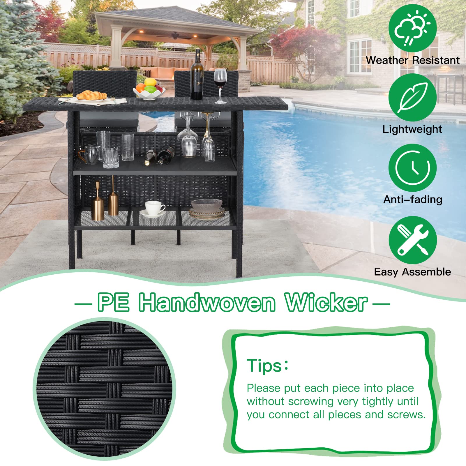 Outdoor Wicker Bar Table with Wine Glass Rack