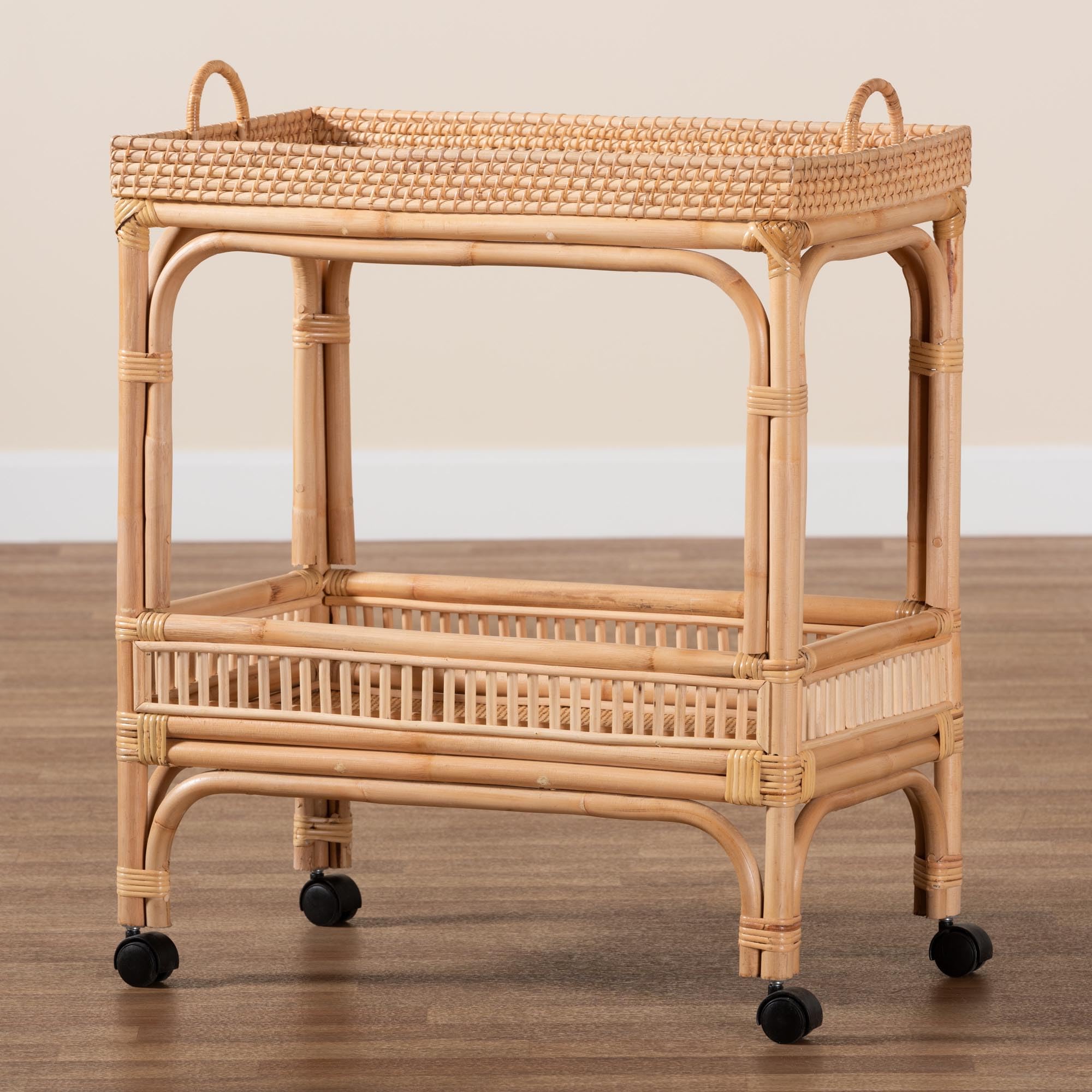 Modern Bohemian Natural Rattan 2-Tier Wine Cart
