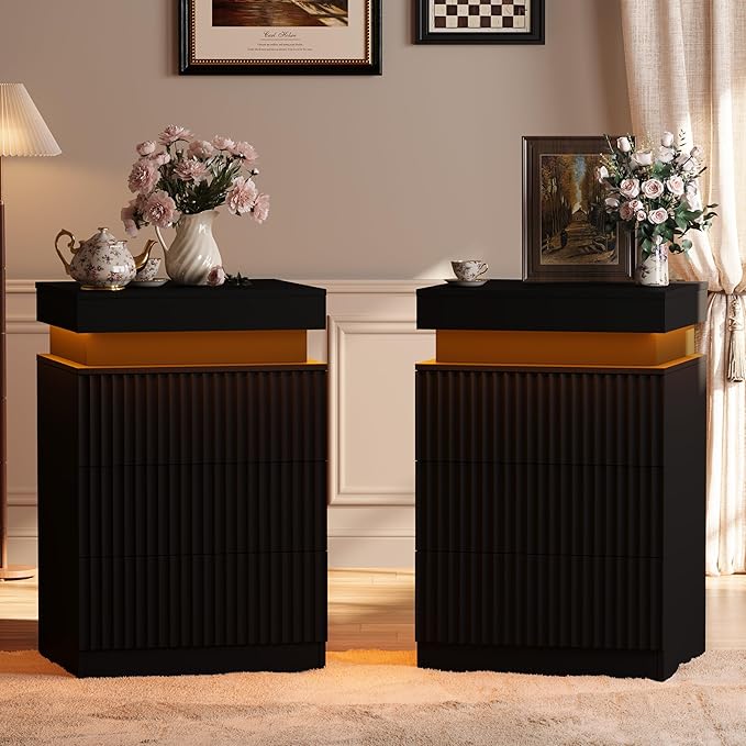 Mid Century Modern Nightstand with LED Light and Charging Station