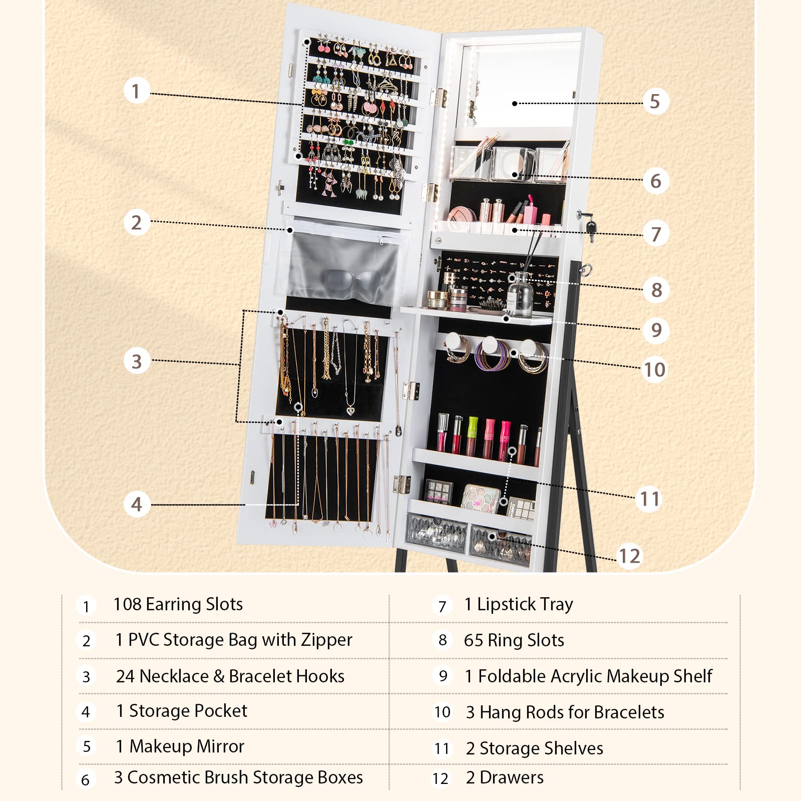 Standing Jewelry Armoire with Full Length Mirror and LED Lights