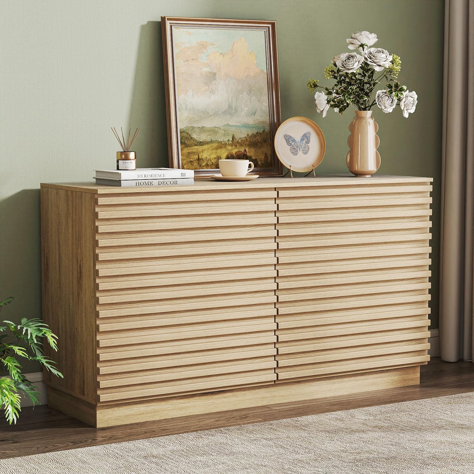 Fluted Dresser 6 Drawer Wide Chest Natural Wood TV Stand