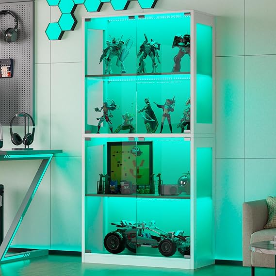 4-Tier Display Cabinet with Glass Doors and LED Lights