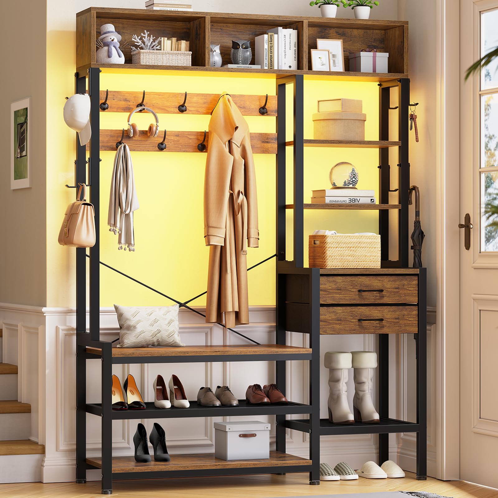 7-in-1 Hall Tree with Bench and Shoe Storage