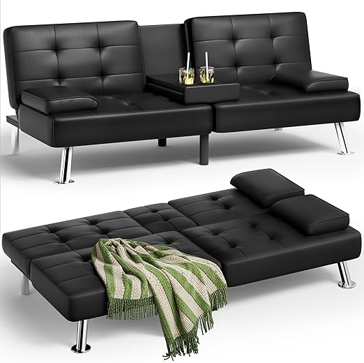 Adjustable Futon Sofa Bed with Cup Holders