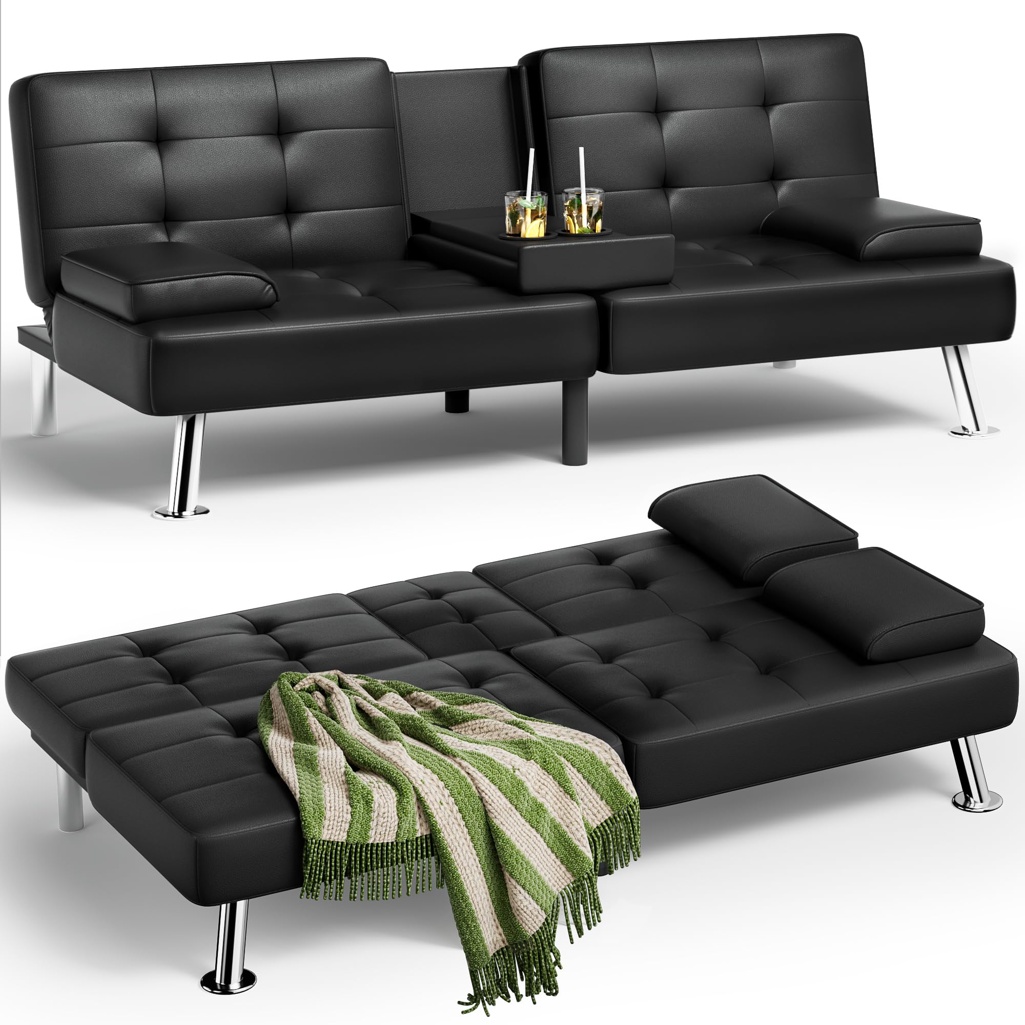 Adjustable Futon Sofa Bed with Cup Holders