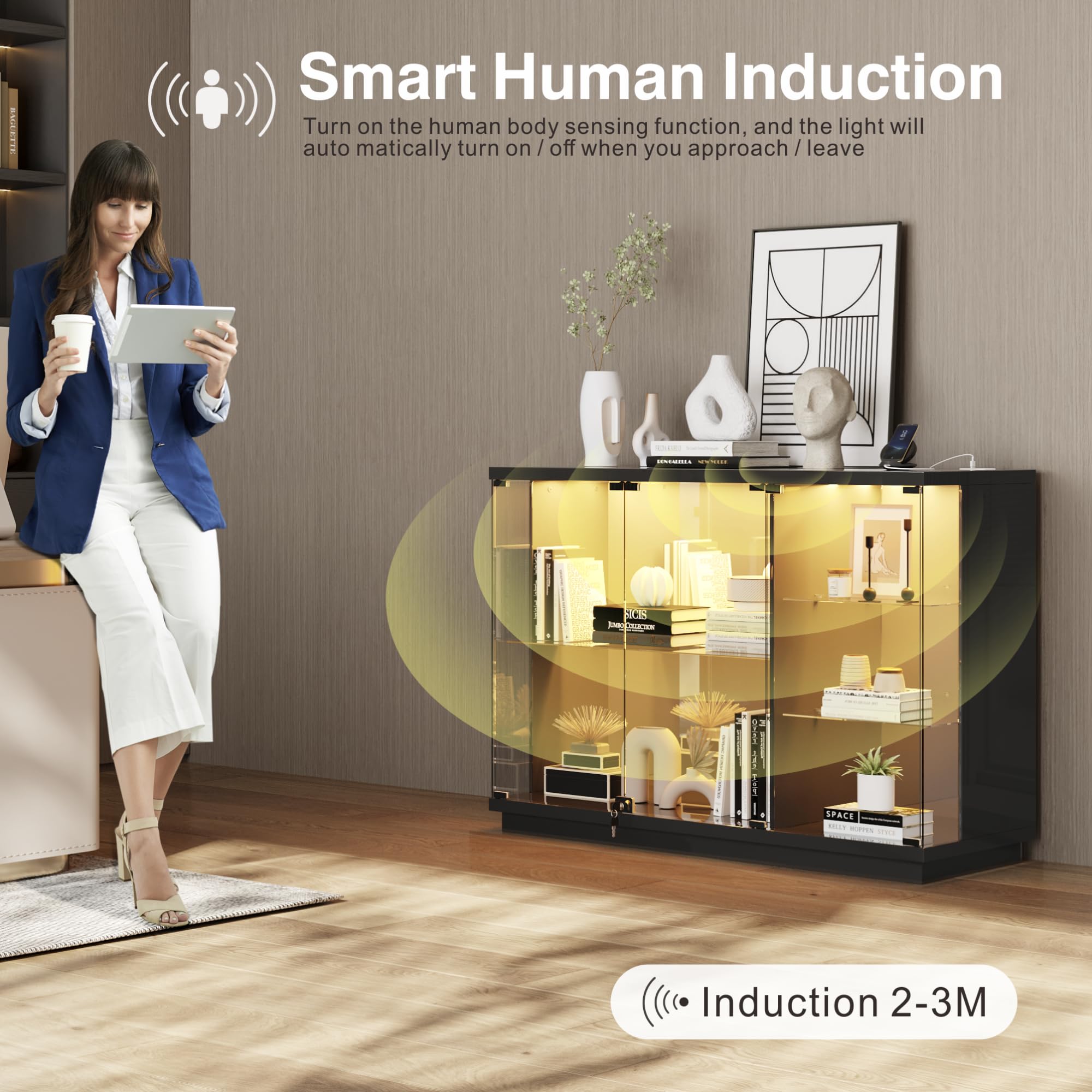 Glass Display Cabinet with LED Light and Human Body Sensor