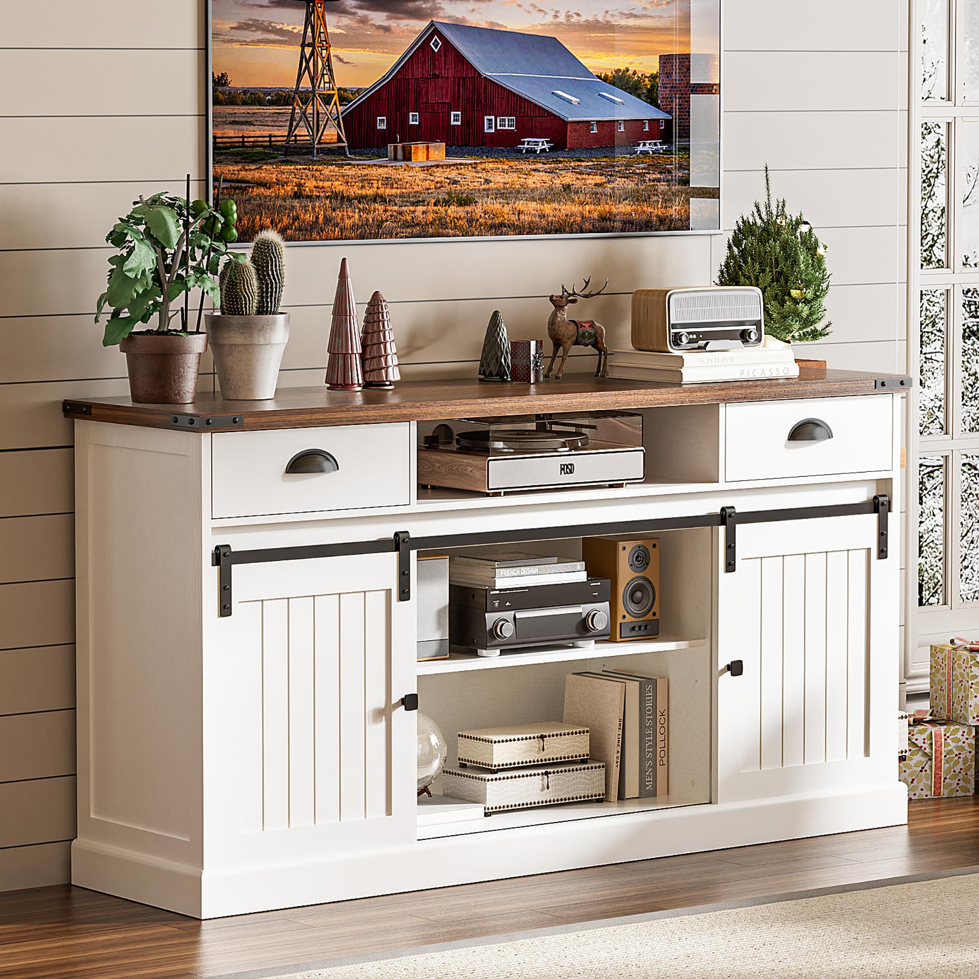 Farmhouse TV Stand for TVs up to 65 Inch with Storage
