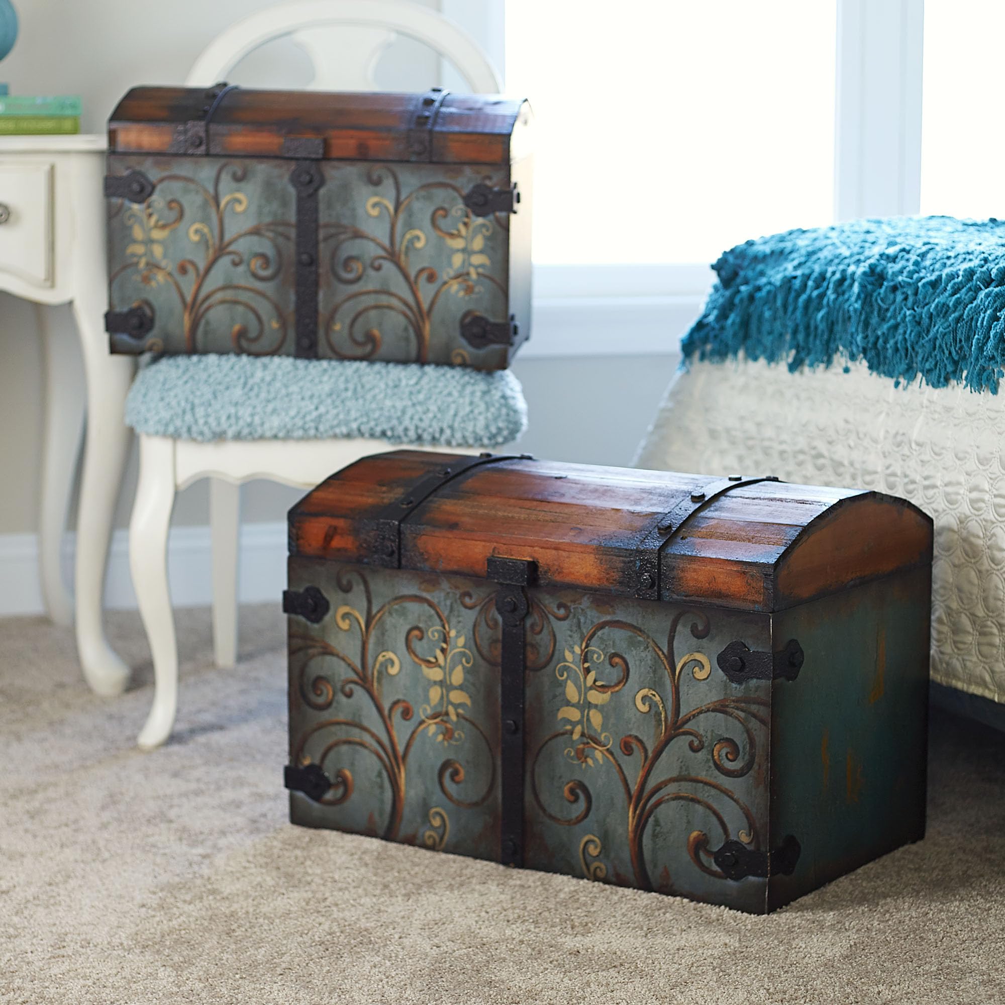 Vintage Wood Storage Trunk with Floral Design