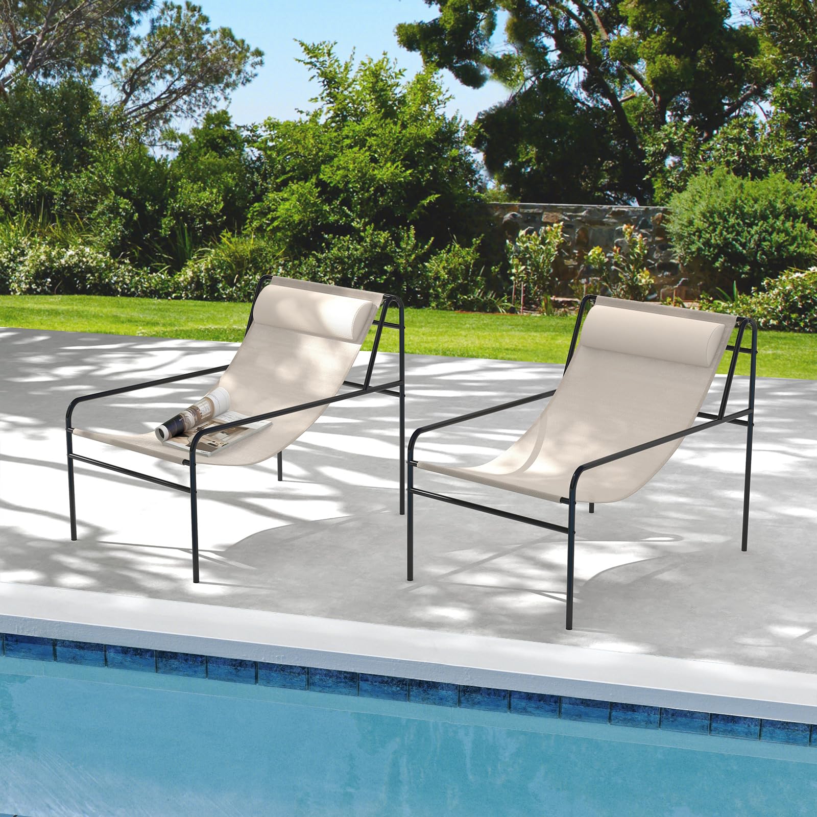 Patio Sling Lounge Chair with Removable Headrest Pillow