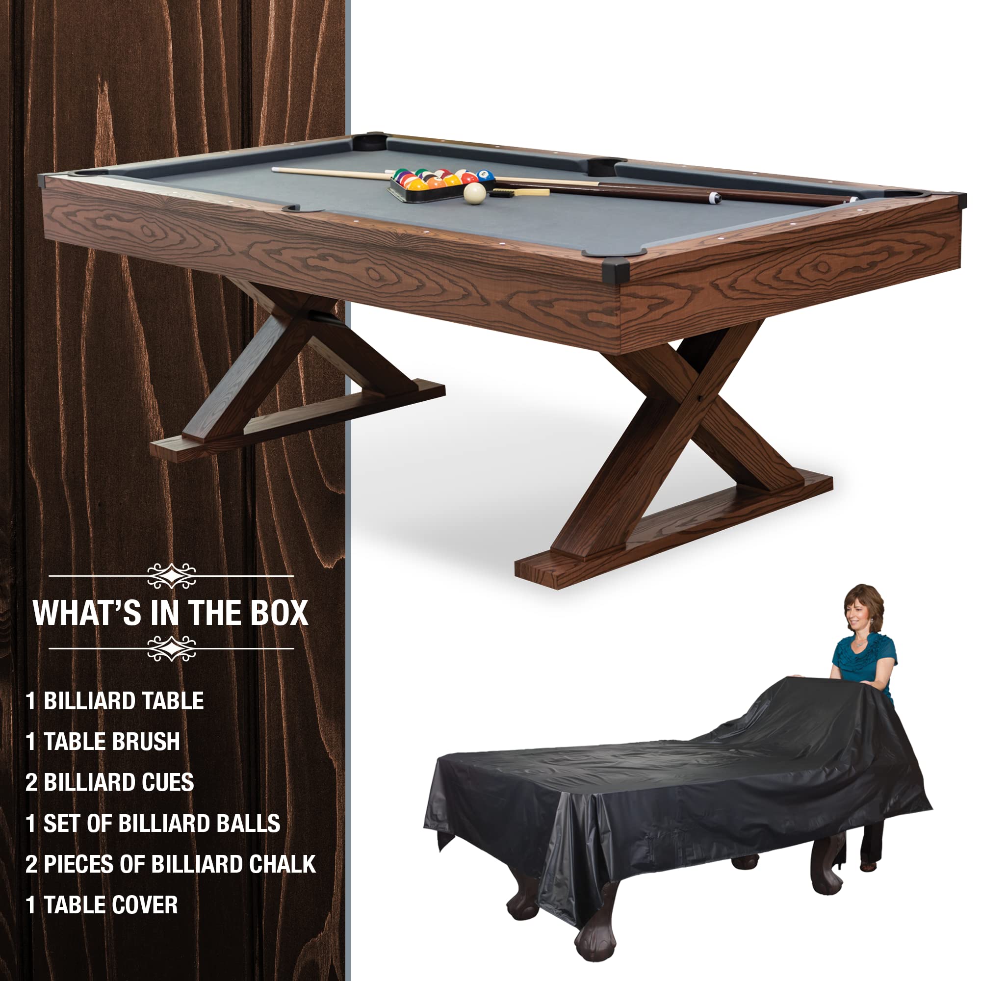 87-Inch Rustic Pool Table with X-Leg Design
