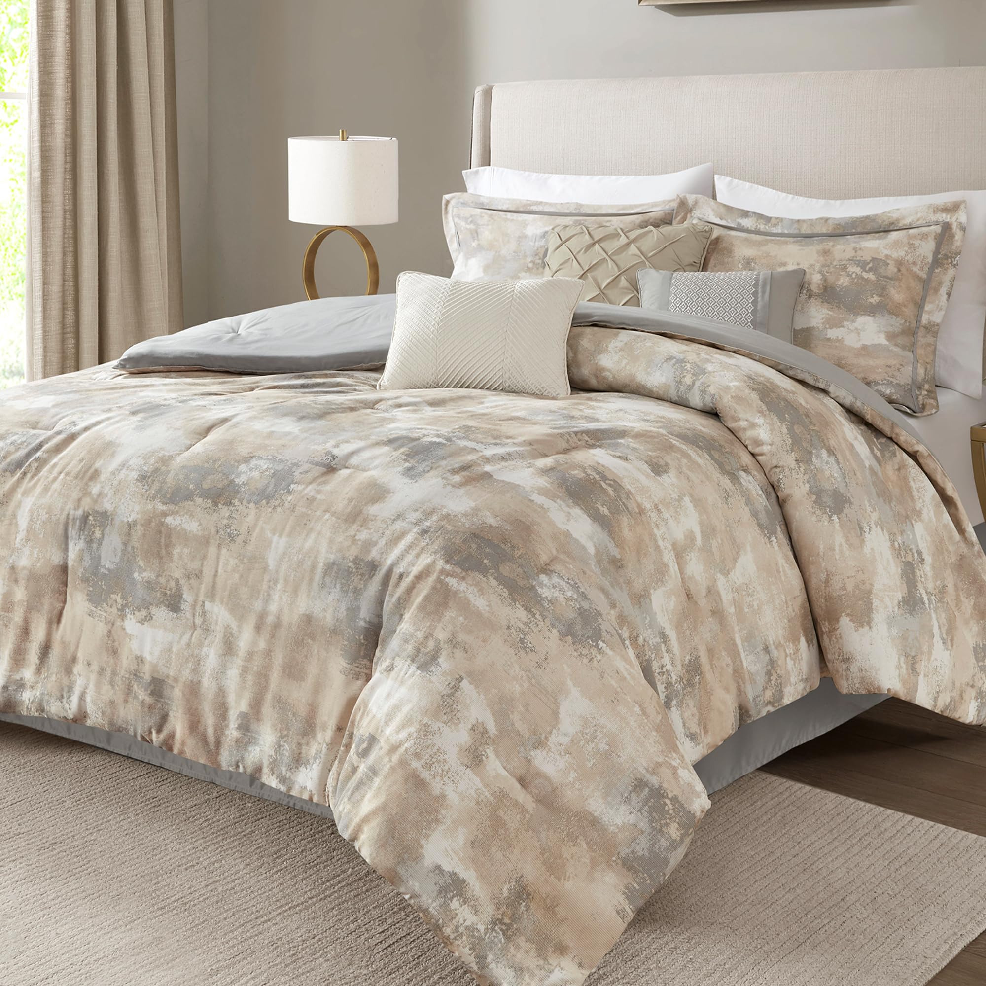 Queen Comforter Set - 7 Piece Abstract Gray