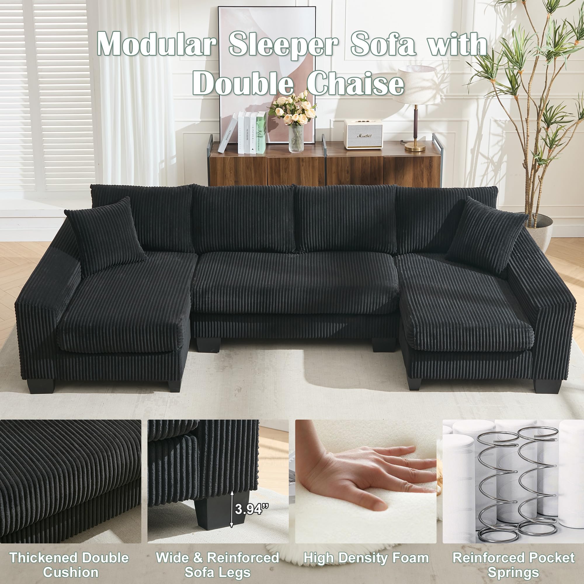 U-Shaped Modular Sectional Sofa with Pull-Out Bed