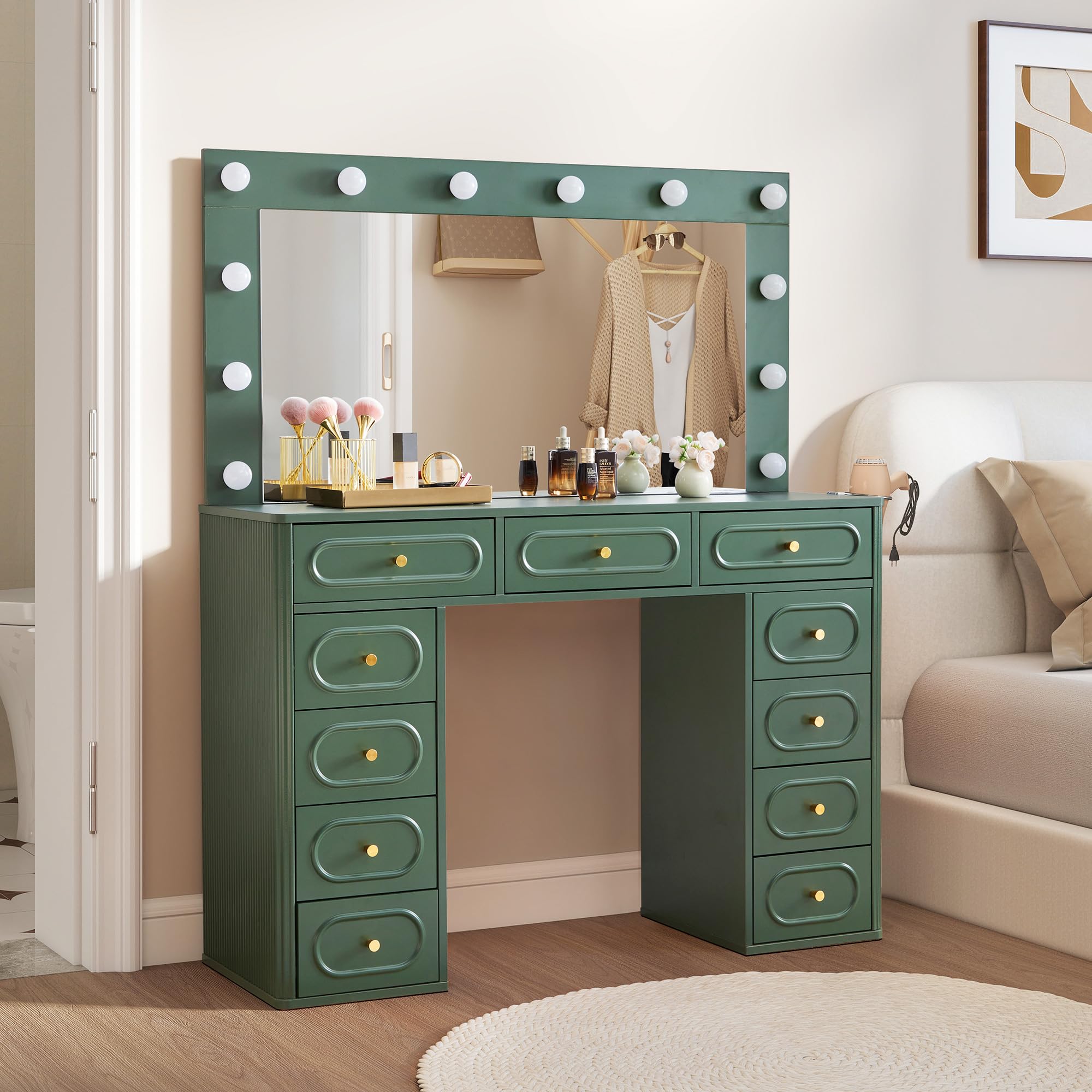 Fluted Vanity Desk with LED Mirror and 11 Drawers