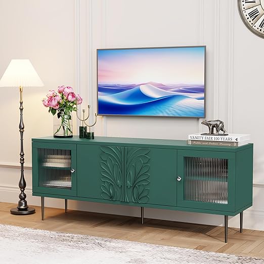 TV Stand with 3D Floral Pattern and Glass Doors