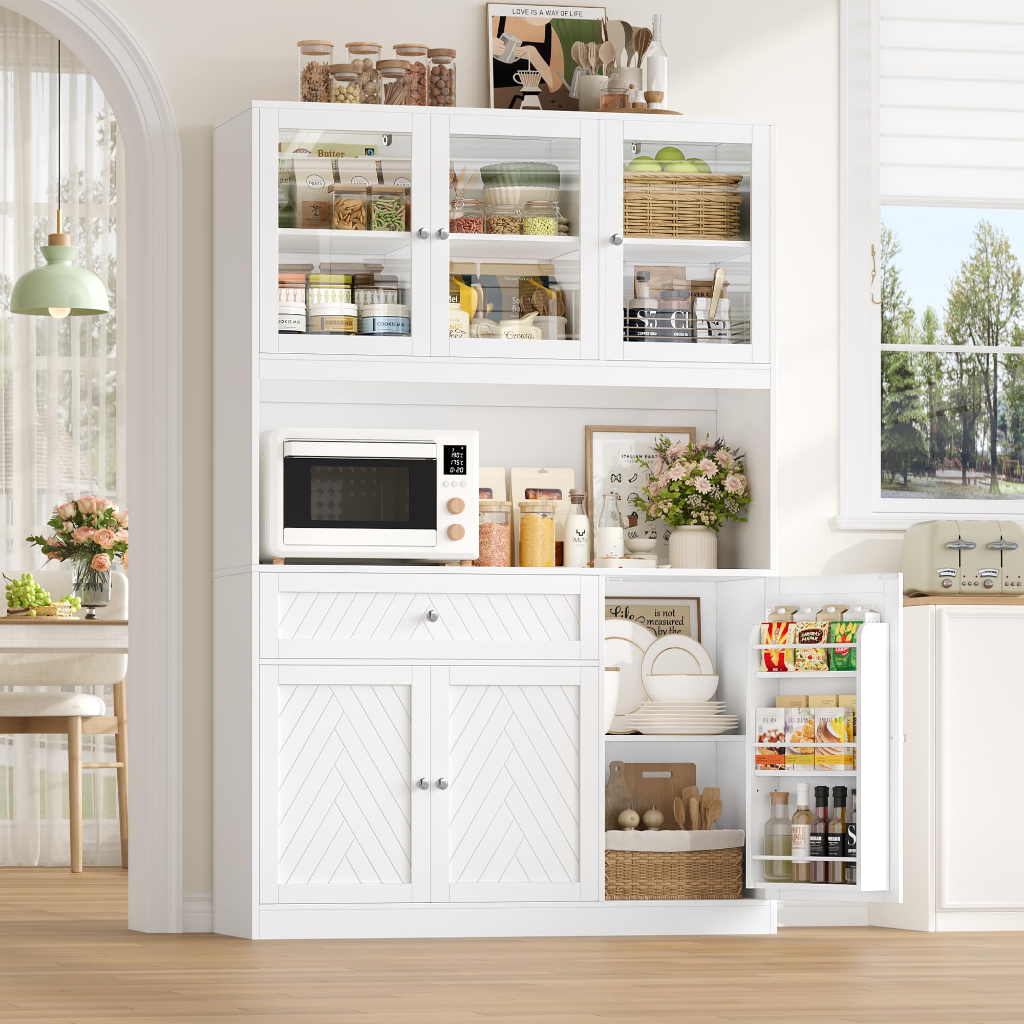 72" Tall Kitchen Pantry Storage Cabinet with Glass Doors
