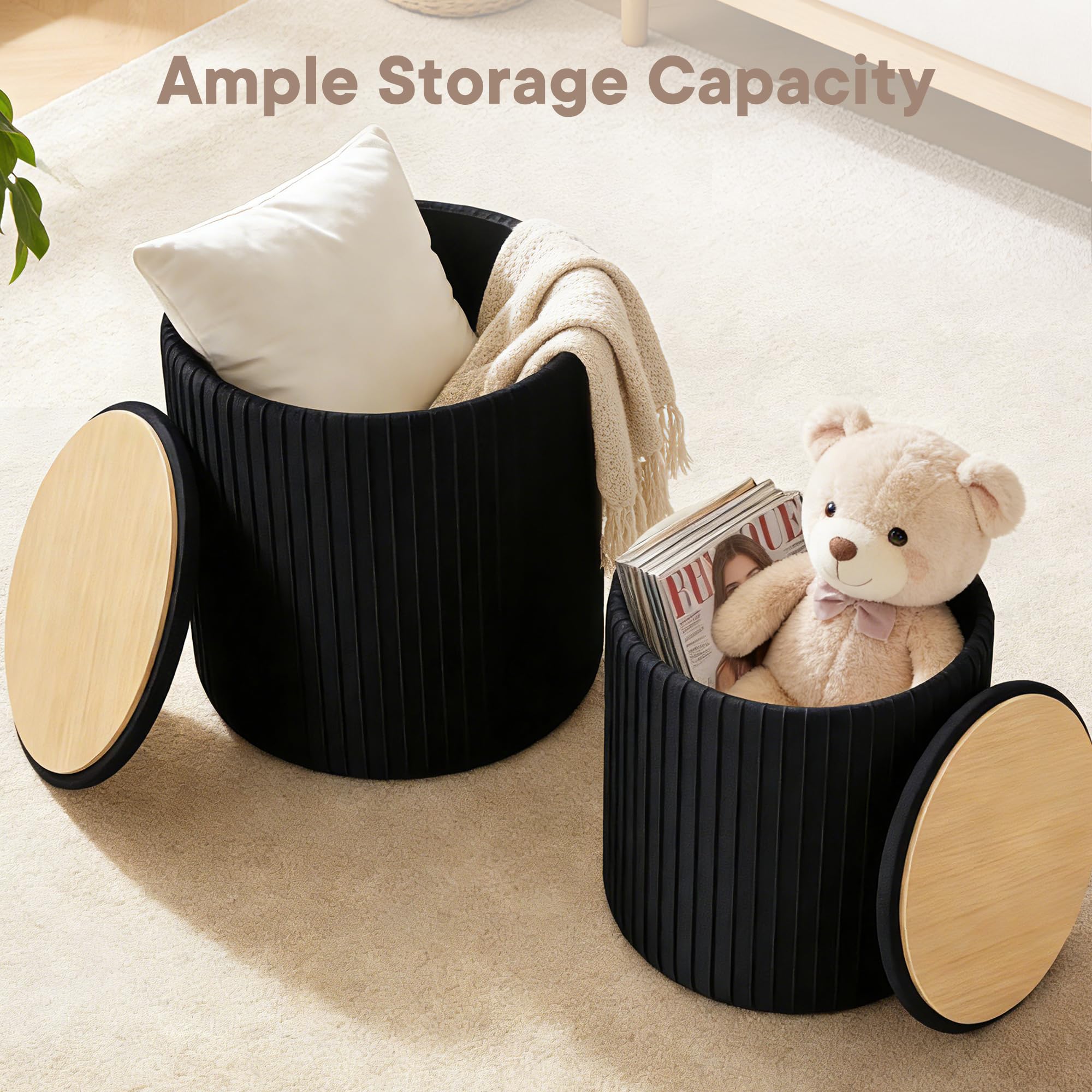Round Ottoman Storage Set of 2 Black Velvet