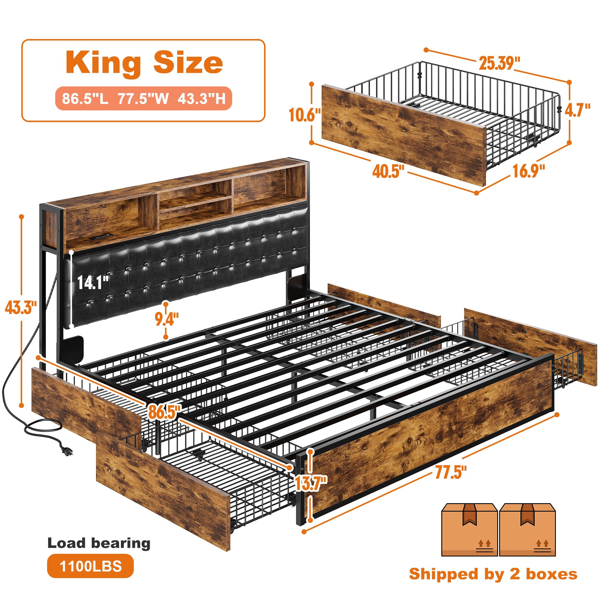 King Size Bed Frame with Storage Drawers and Charging Station