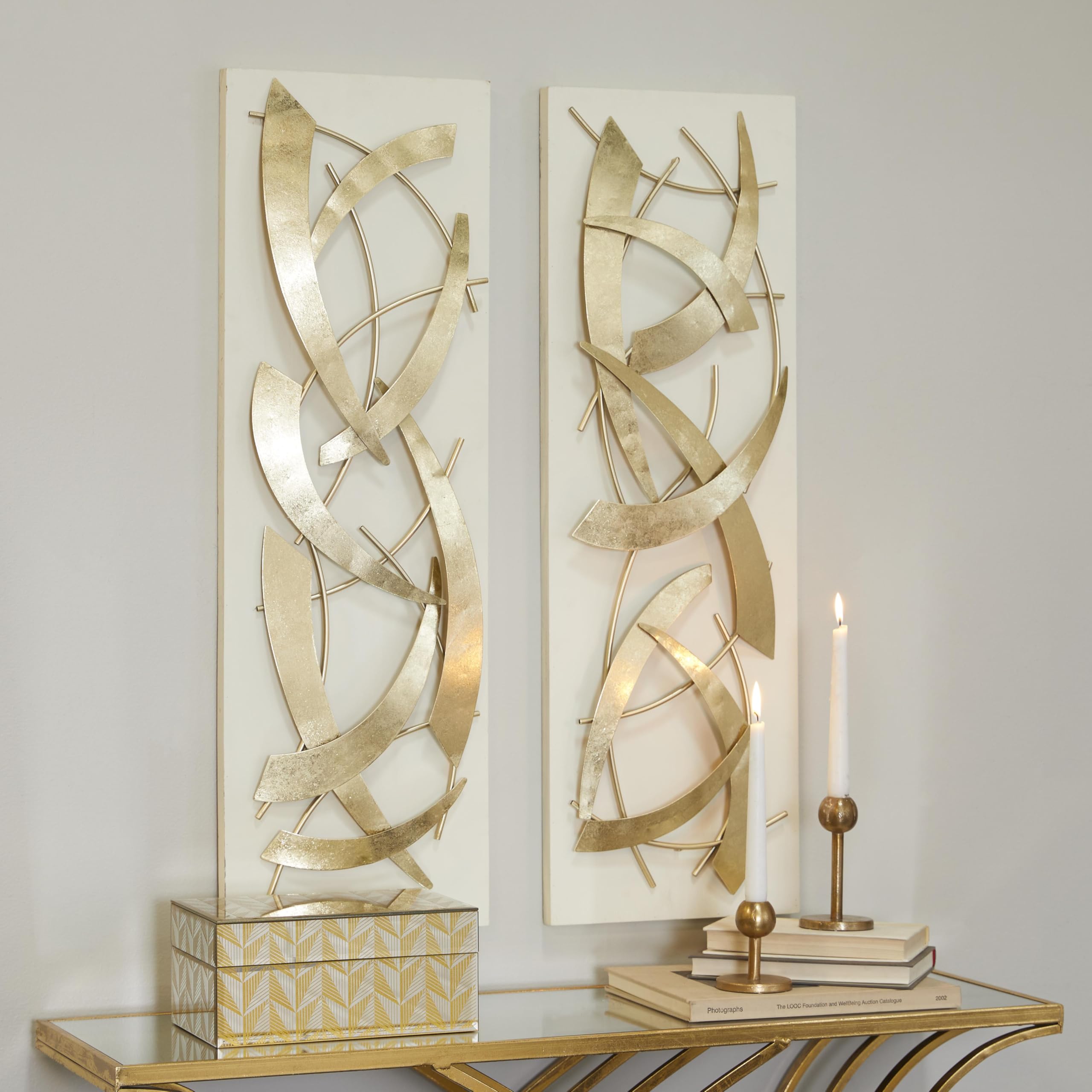 Metal Abstract Wall Sculpture Set of 2 with Wood Backing