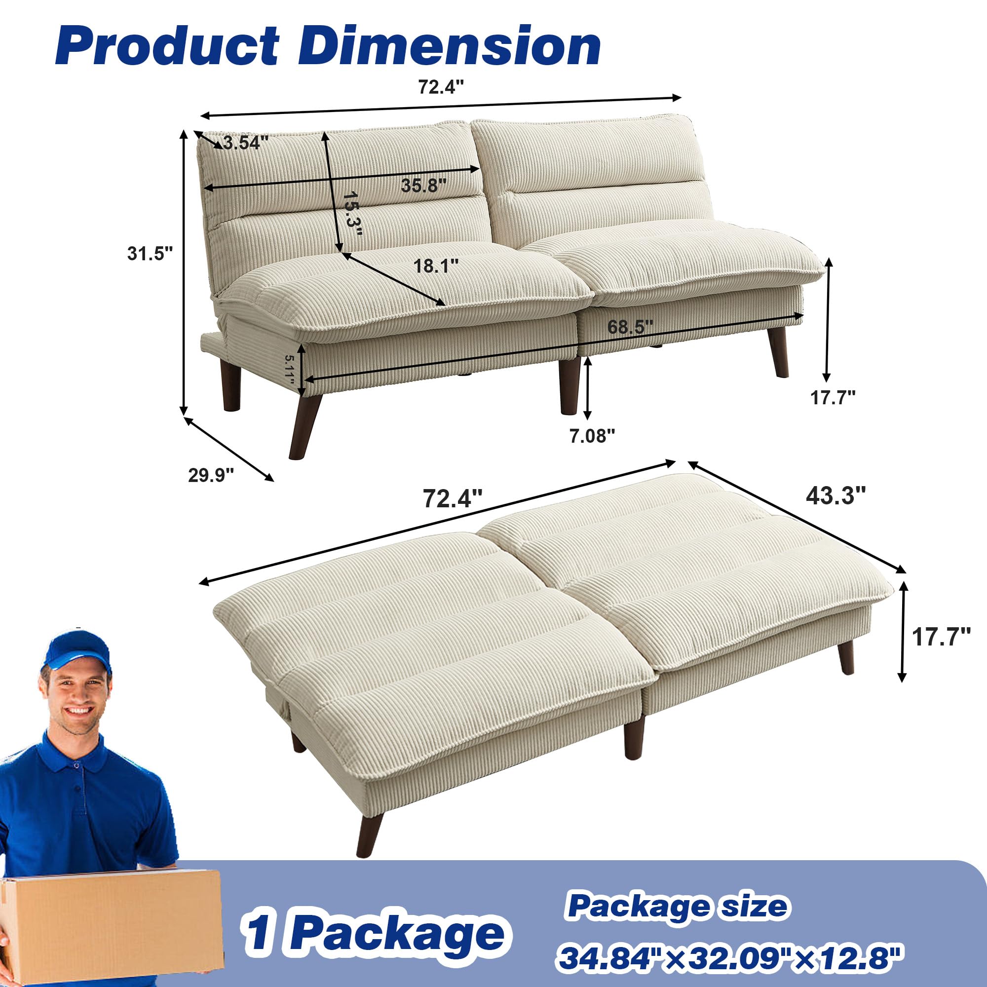 72" Convertible Futon Sofa Bed with Adjustable Backrest