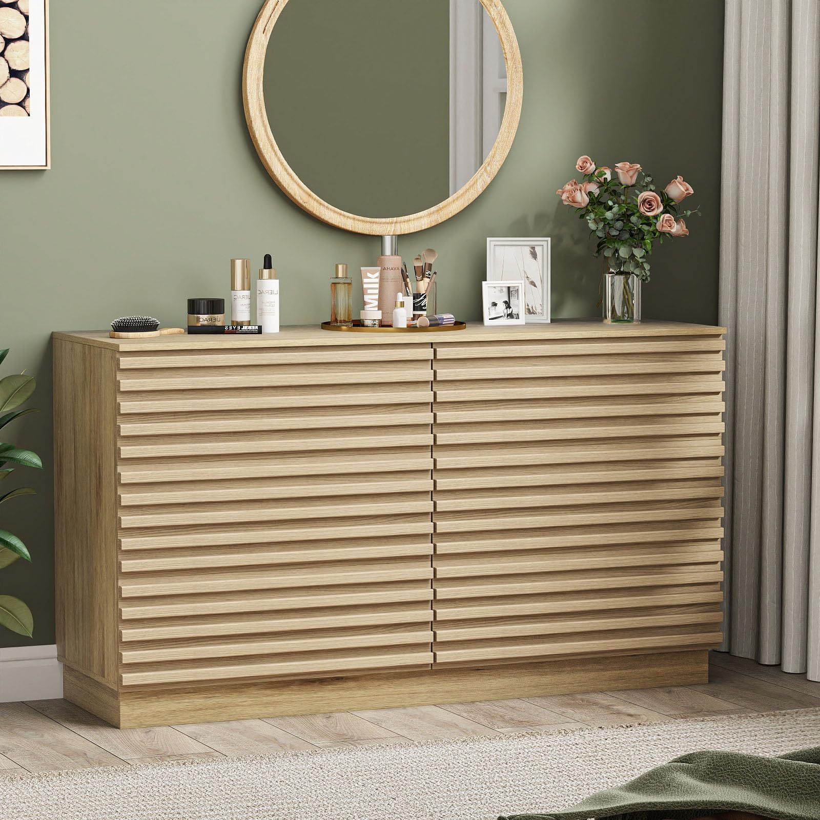 Fluted Dresser 6 Drawer Wide Chest Natural Wood TV Stand