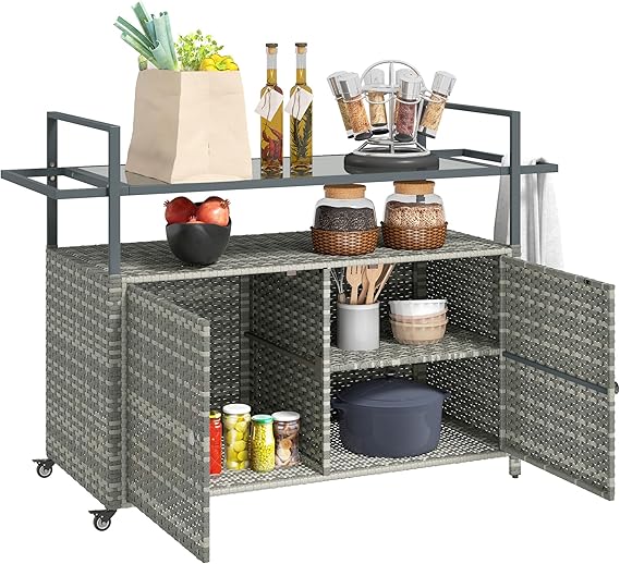 PE Rattan Outdoor Storage Cabinet with Wheels & Glass Top