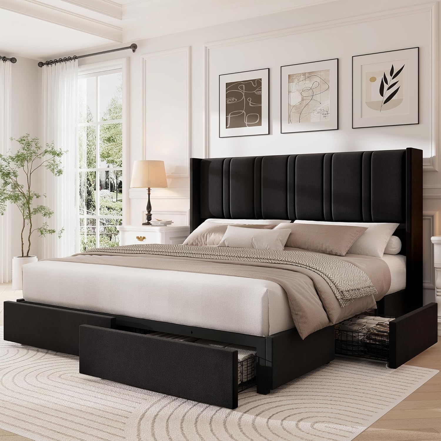 King Size Bed Frame with Storage Drawers and Wingback Headboard