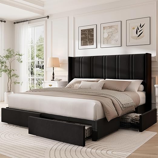 King Size Bed Frame with Storage Drawers and Wingback Headboard