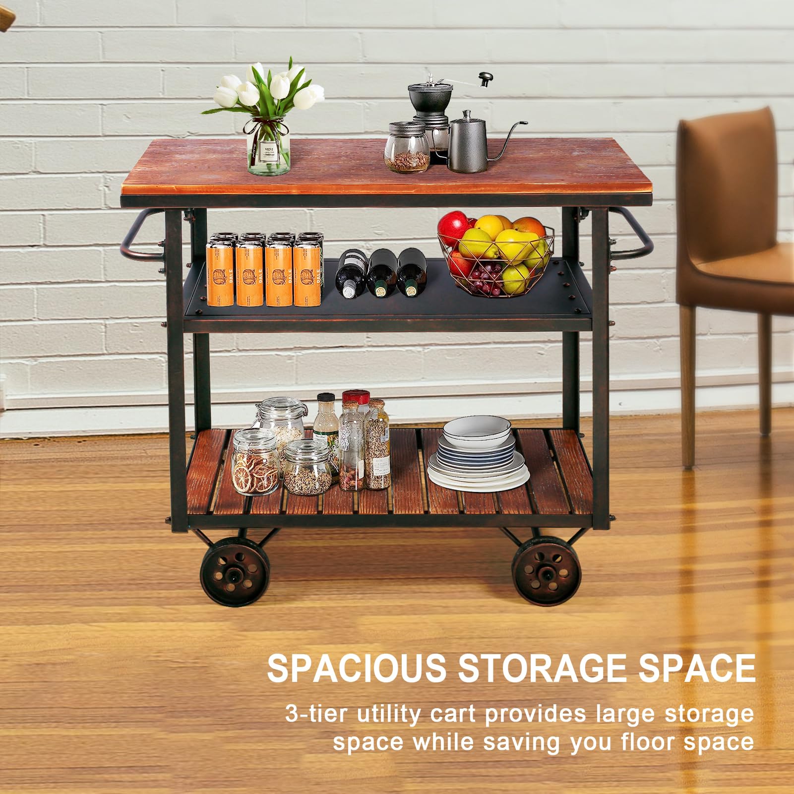 Industrial Bar Cart with Wheels - 3-Tier Metal Serving Cart