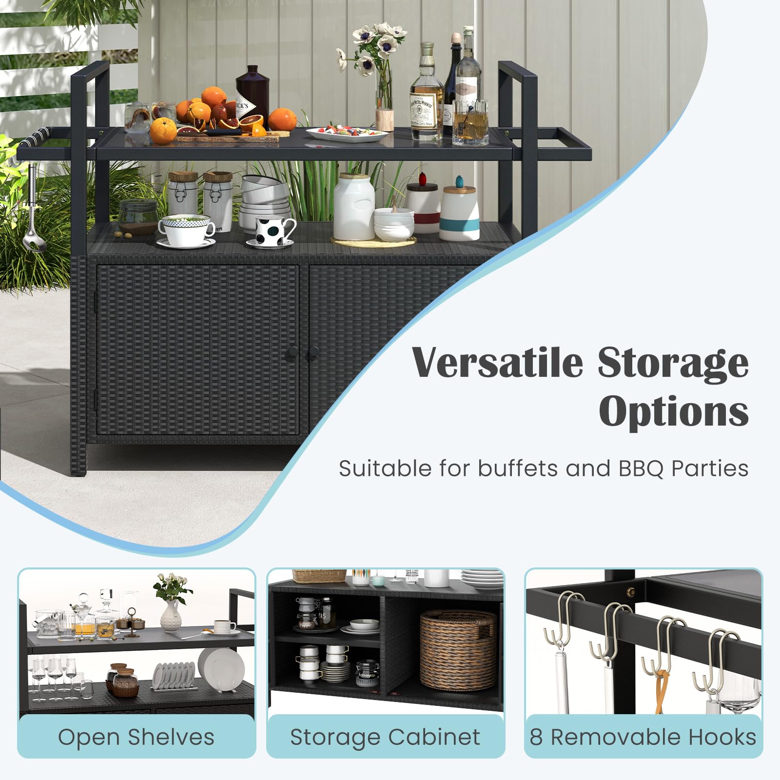 Outdoor Rolling Bar Cart with Tempered Glass Top