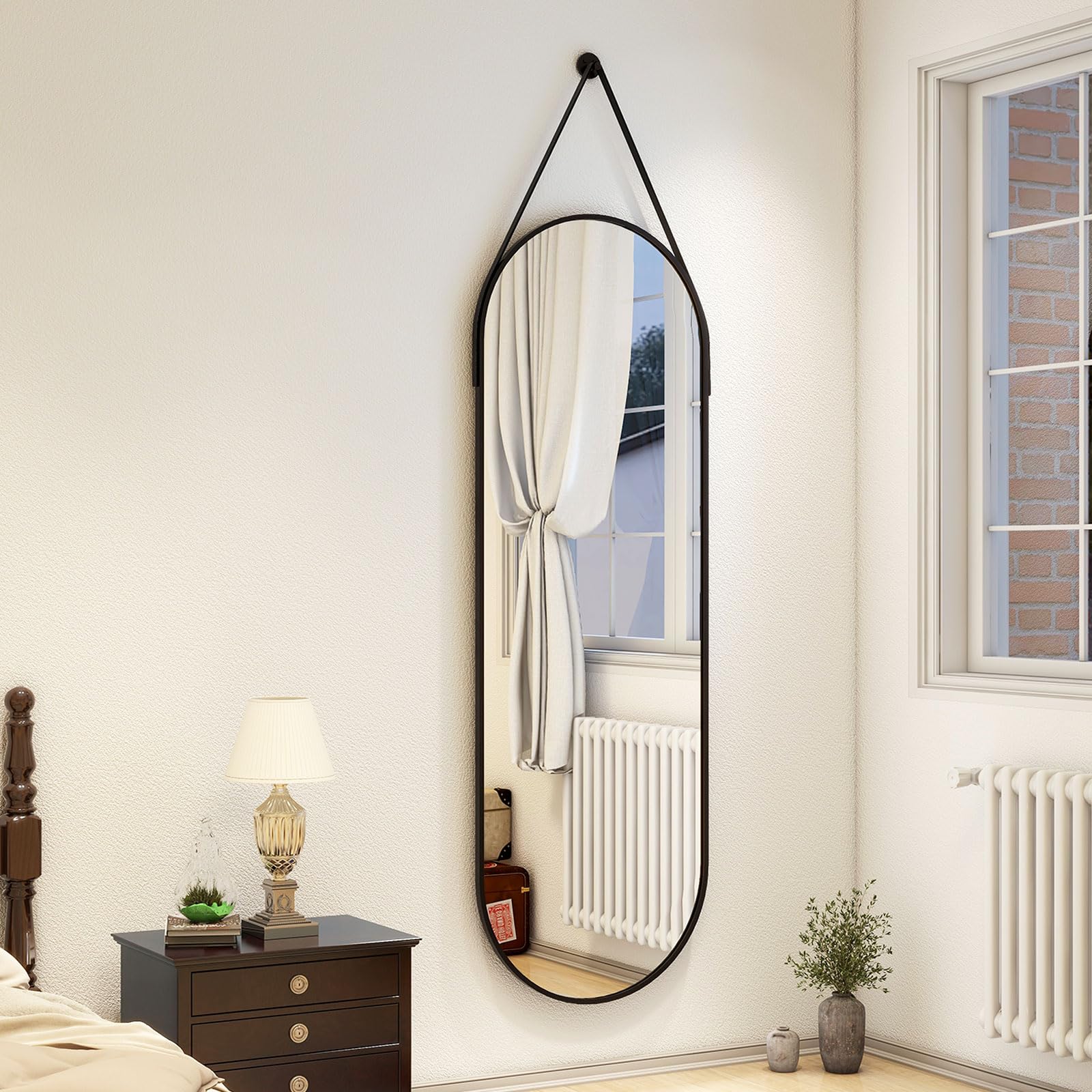 Full Length Oval Wall Mirror 16x48 with Leather Hanging Strap